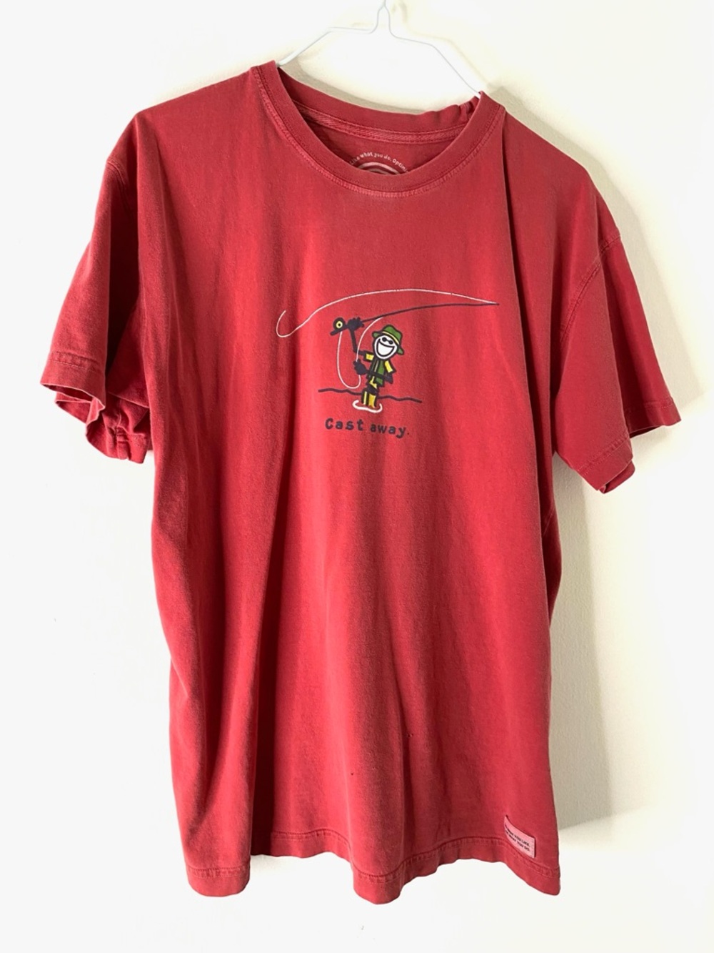 Life Is Good Red Crew Neck Graphic Tee Cast Away Fishing Motif Cotton Shirt